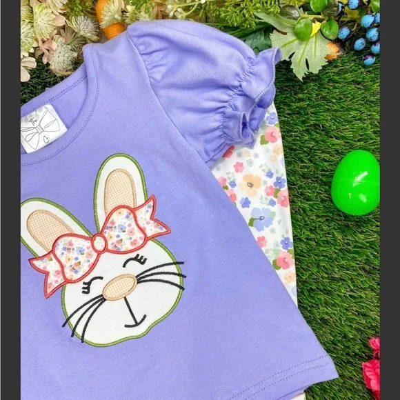 🐿️Little Girls-Purple Bunny Top & Floral Bell Bottom Set-New-Boutique-many sizes - Picture 3 of 5